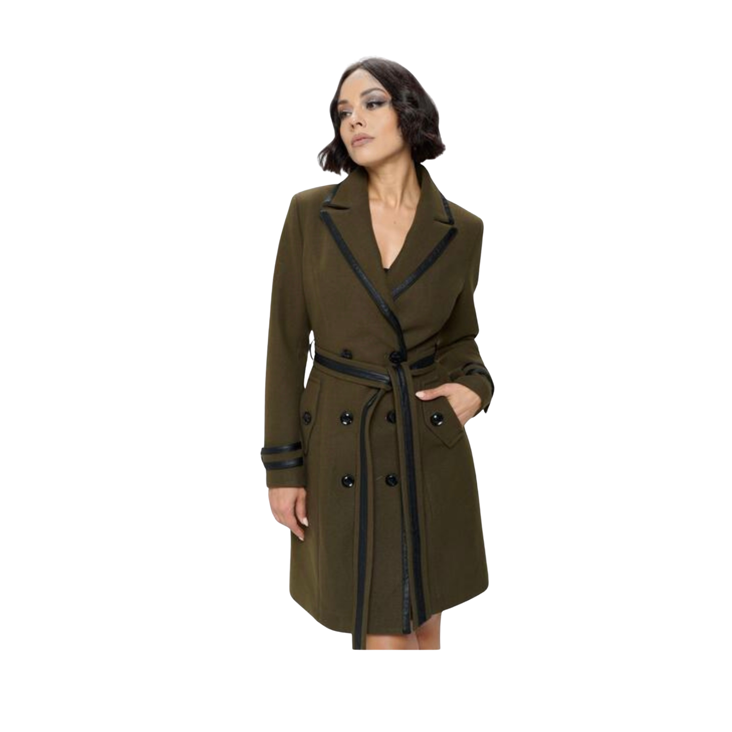 Contrast-Trim Belted Trench Coat