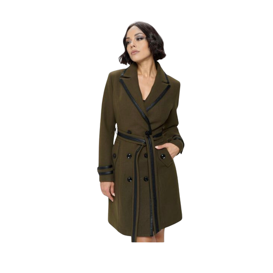 Contrast-Trim Belted Trench Coat